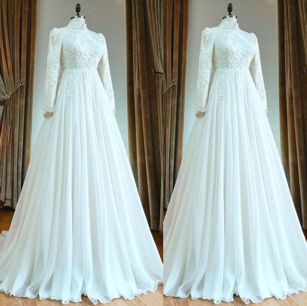 Long Sleeve Muslim Wedding Dresses For Woman Long Chiffon High Neck Bridal Gowns Moroccan Caftan Robe de Mariage